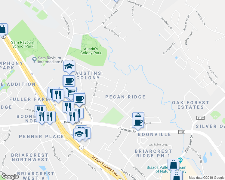 map of restaurants, bars, coffee shops, grocery stores, and more near 3617 Choctaw Street in Bryan