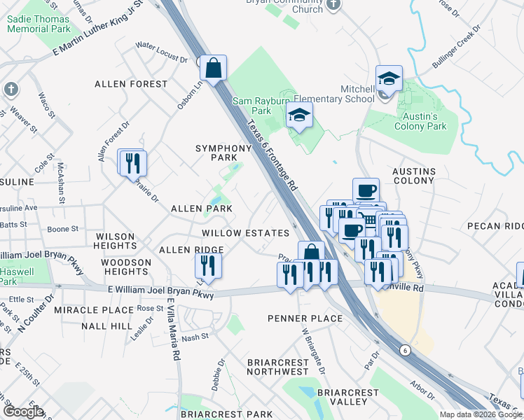 map of restaurants, bars, coffee shops, grocery stores, and more near 2507 Long Drive in Bryan
