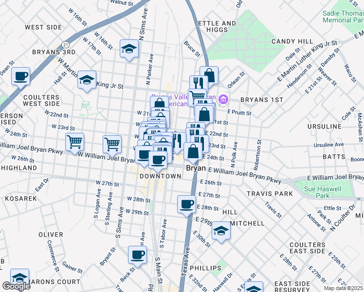 map of restaurants, bars, coffee shops, grocery stores, and more near 308 North Washington Avenue in Bryan