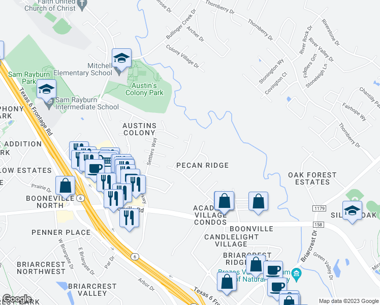 map of restaurants, bars, coffee shops, grocery stores, and more near 3614 Choctaw Street in Bryan