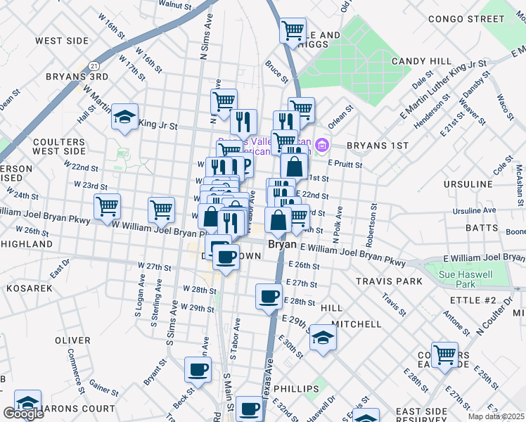 map of restaurants, bars, coffee shops, grocery stores, and more near 308 North Washington Avenue in Bryan