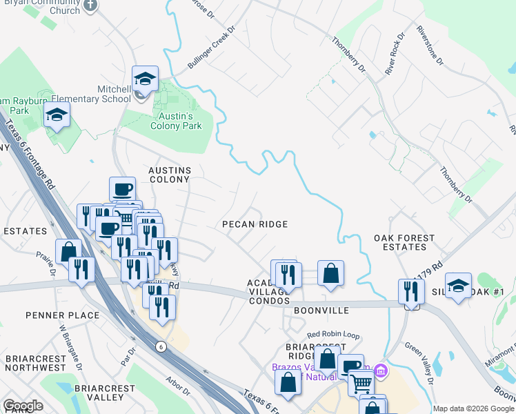 map of restaurants, bars, coffee shops, grocery stores, and more near 3704 Elliott Street in Bryan