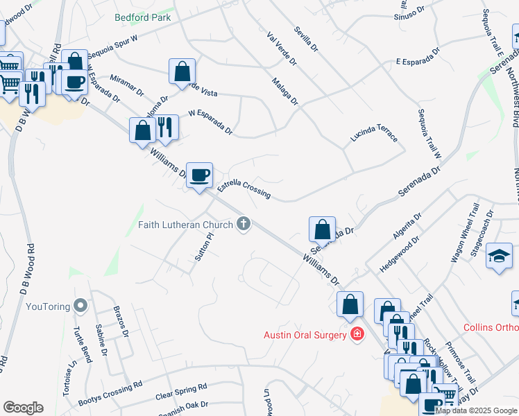 map of restaurants, bars, coffee shops, grocery stores, and more near 139 Estrella Crossing in Georgetown