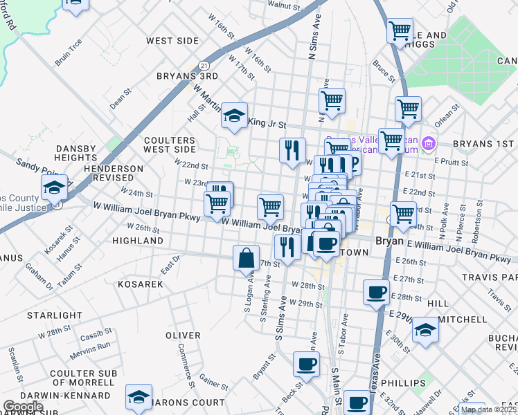 map of restaurants, bars, coffee shops, grocery stores, and more near 508 West 24th Street in Bryan