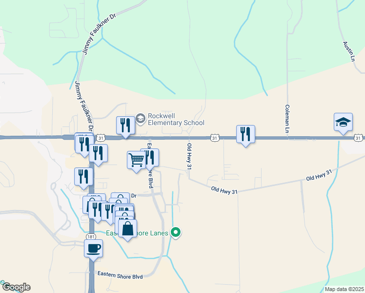map of restaurants, bars, coffee shops, grocery stores, and more near 10424 Old Highway 31 in Spanish Fort