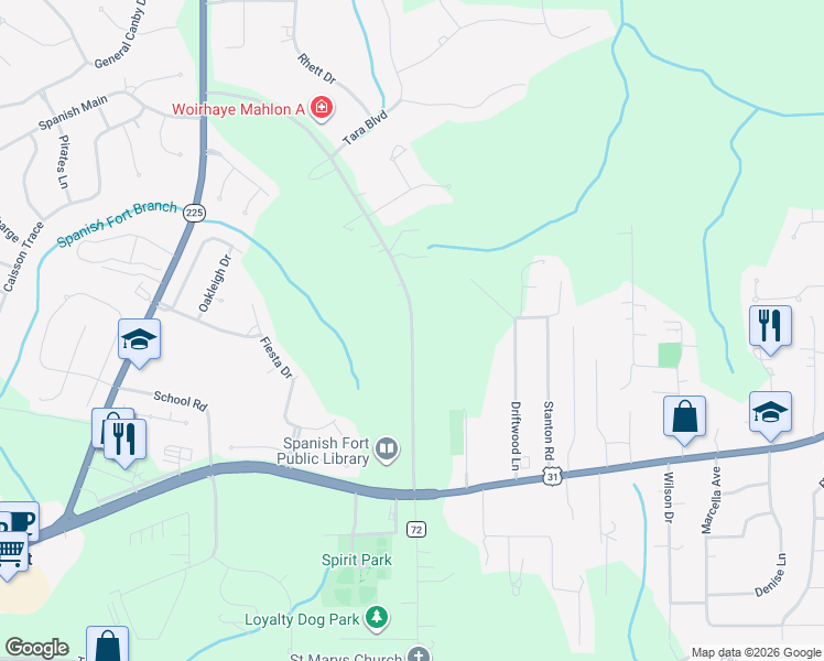 map of restaurants, bars, coffee shops, grocery stores, and more near County Road 72 in Spanish Fort