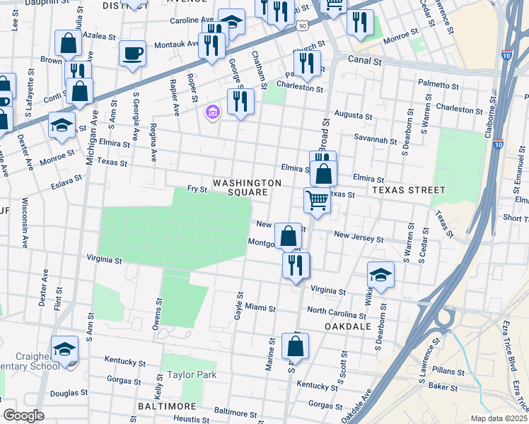 map of restaurants, bars, coffee shops, grocery stores, and more near 1009 Delaware Street in Mobile