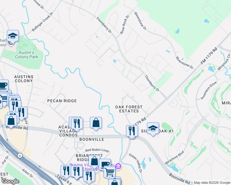 map of restaurants, bars, coffee shops, grocery stores, and more near 7024 Wood Oaks Drive in Bryan