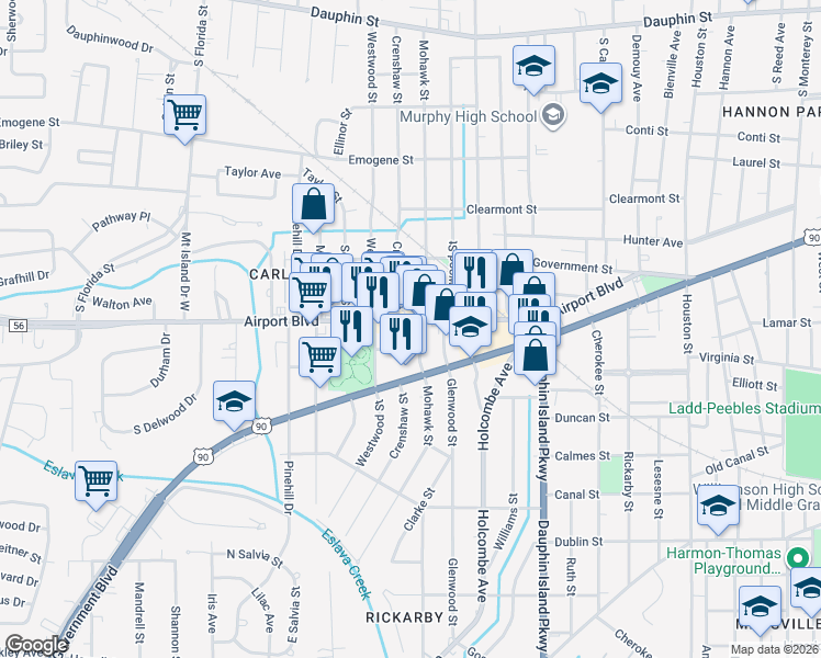 map of restaurants, bars, coffee shops, grocery stores, and more near 2154 Airport Boulevard in Mobile