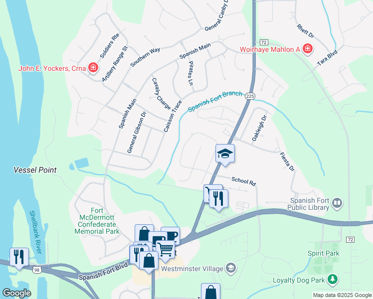 map of restaurants, bars, coffee shops, grocery stores, and more near 6575 Garrison Drive in Spanish Fort