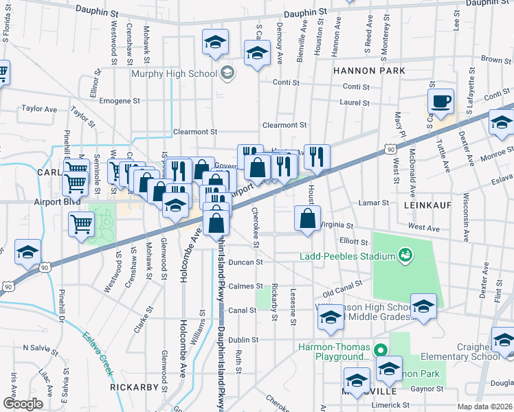 map of restaurants, bars, coffee shops, grocery stores, and more near 1909 Government Street in Mobile
