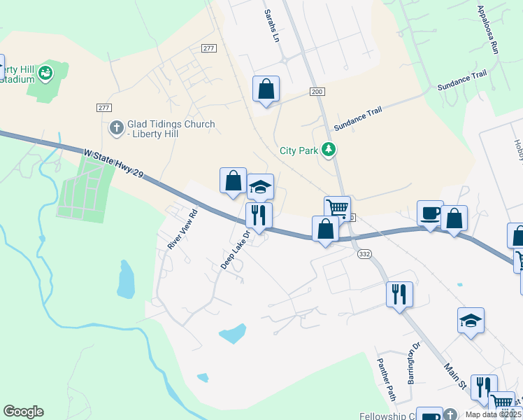 map of restaurants, bars, coffee shops, grocery stores, and more near in Liberty Hill