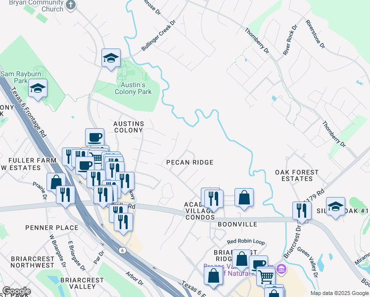 map of restaurants, bars, coffee shops, grocery stores, and more near 3704 Elliott Street in Bryan