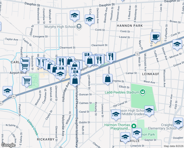 map of restaurants, bars, coffee shops, grocery stores, and more near 1909 Government Street in Mobile