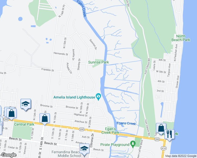 map of restaurants, bars, coffee shops, grocery stores, and more near 1836 Highland Drive in Fernandina Beach