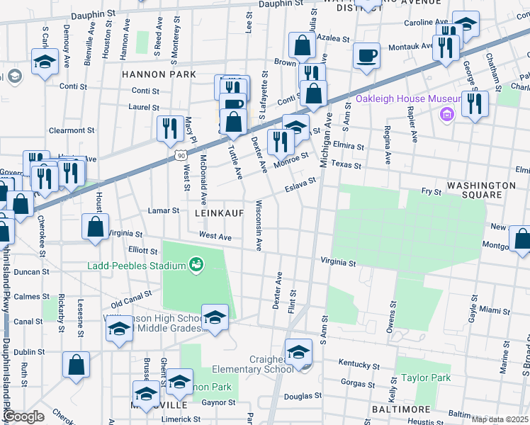 map of restaurants, bars, coffee shops, grocery stores, and more near 409 Wisconsin Avenue in Mobile