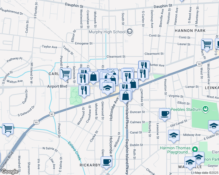 map of restaurants, bars, coffee shops, grocery stores, and more near 2032 Airport Blvd in Mobile