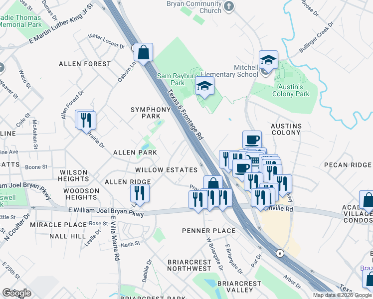 map of restaurants, bars, coffee shops, grocery stores, and more near 987 Texas 6 Frontage Road in Bryan