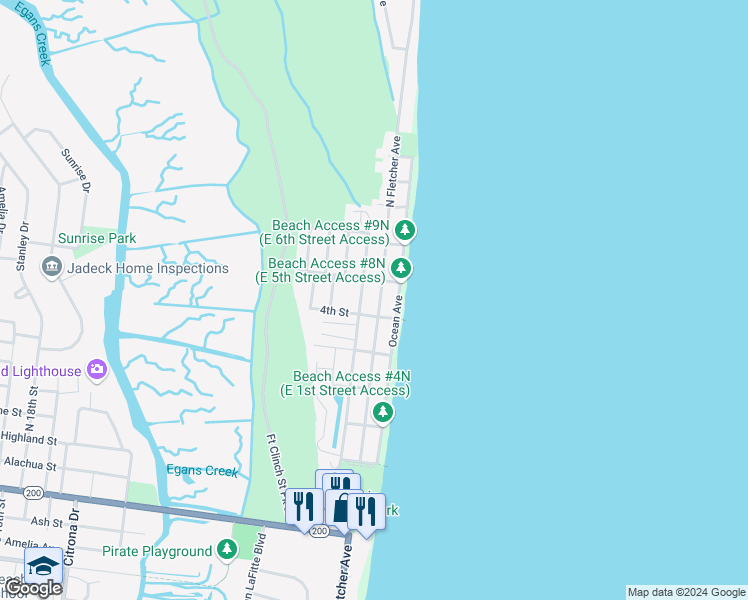 map of restaurants, bars, coffee shops, grocery stores, and more near 731 North Fletcher Avenue in Fernandina Beach