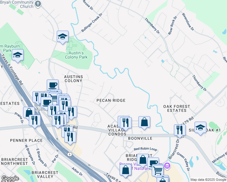 map of restaurants, bars, coffee shops, grocery stores, and more near 3704 Elliott Street in Bryan