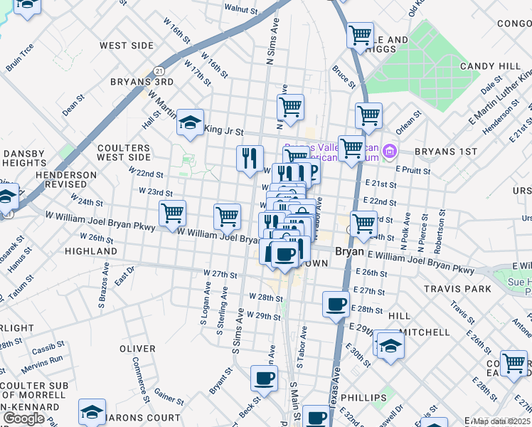 map of restaurants, bars, coffee shops, grocery stores, and more near 302 North Parker Avenue in Bryan