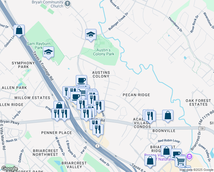 map of restaurants, bars, coffee shops, grocery stores, and more near 2207 Kuykendall Circle in Bryan