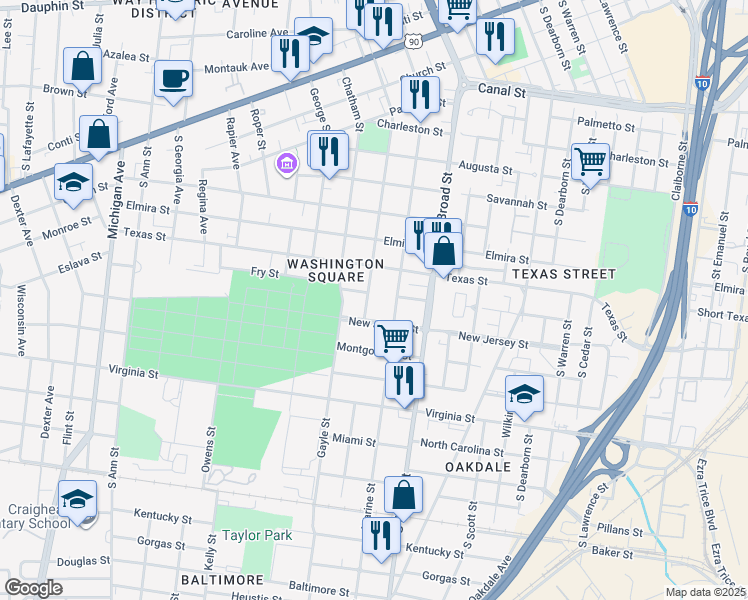map of restaurants, bars, coffee shops, grocery stores, and more near 551 Charles Street in Mobile