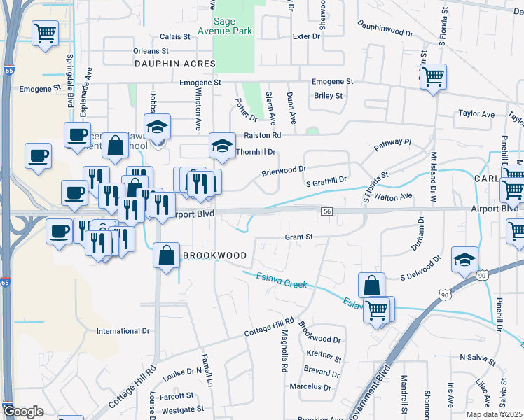 map of restaurants, bars, coffee shops, grocery stores, and more near 2904 Airport Boulevard in Mobile