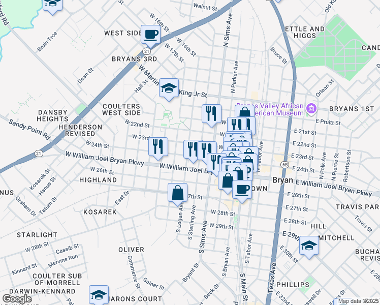 map of restaurants, bars, coffee shops, grocery stores, and more near 508 West 24th Street in Bryan