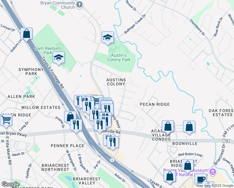map of restaurants, bars, coffee shops, grocery stores, and more near 2207 Kuykendall Circle in Bryan