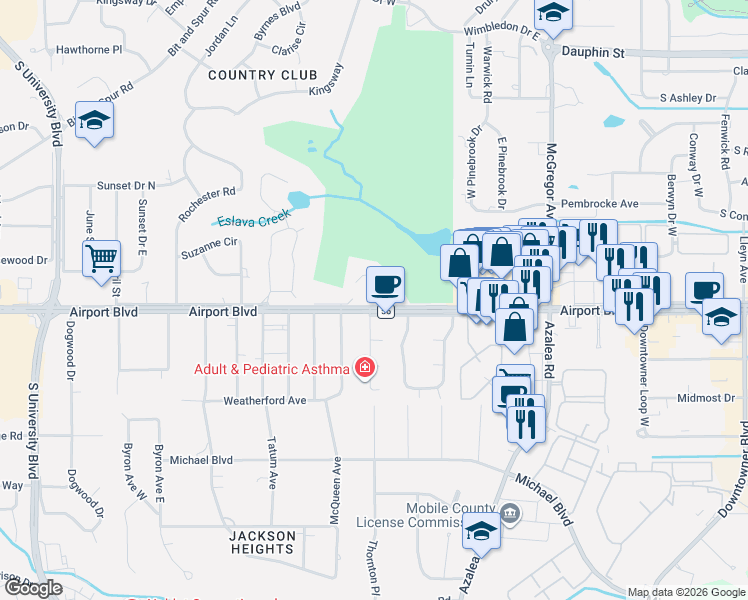 map of restaurants, bars, coffee shops, grocery stores, and more near 4210 Bellevue Lane in Mobile