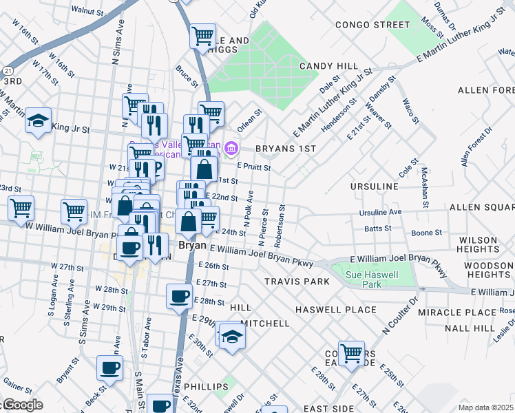 map of restaurants, bars, coffee shops, grocery stores, and more near 705 East 22nd Street in Bryan