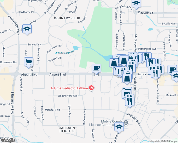 map of restaurants, bars, coffee shops, grocery stores, and more near 4210 Bellevue Lane in Mobile