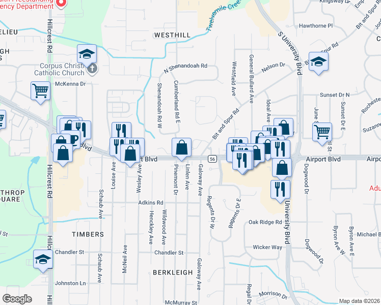 map of restaurants, bars, coffee shops, grocery stores, and more near 5869 Falls Church Road in Mobile