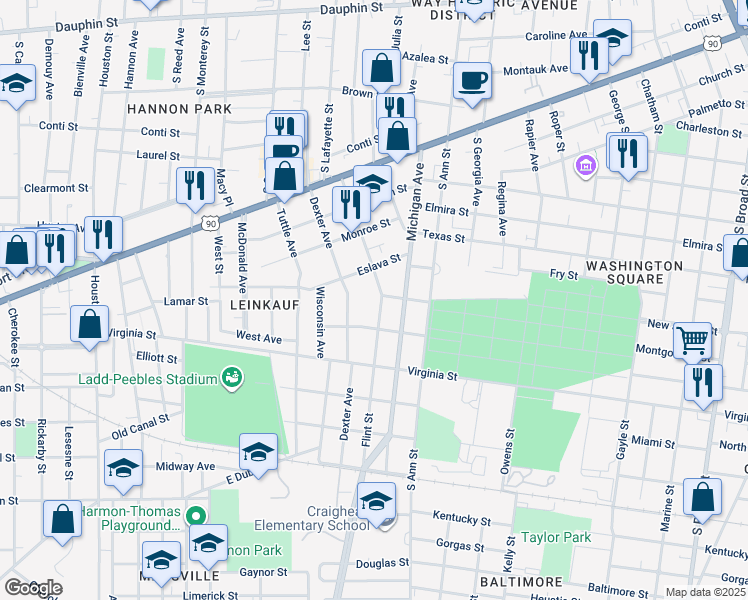 map of restaurants, bars, coffee shops, grocery stores, and more near 350 Flint Street in Mobile