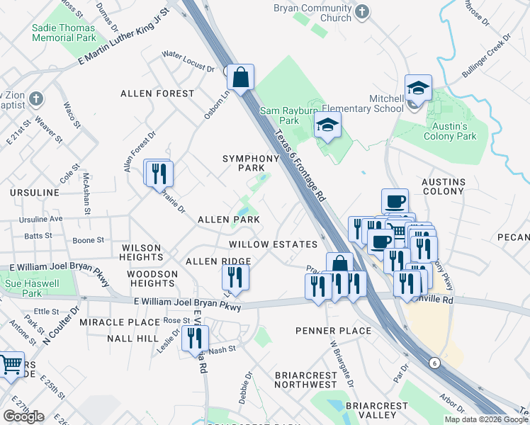 map of restaurants, bars, coffee shops, grocery stores, and more near 1616 Enloe Court in Bryan