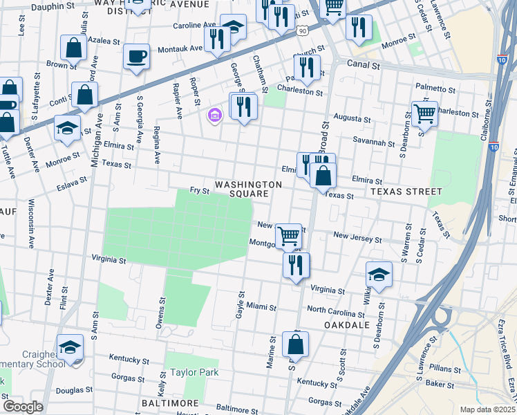 map of restaurants, bars, coffee shops, grocery stores, and more near 1009 Delaware Street in Mobile