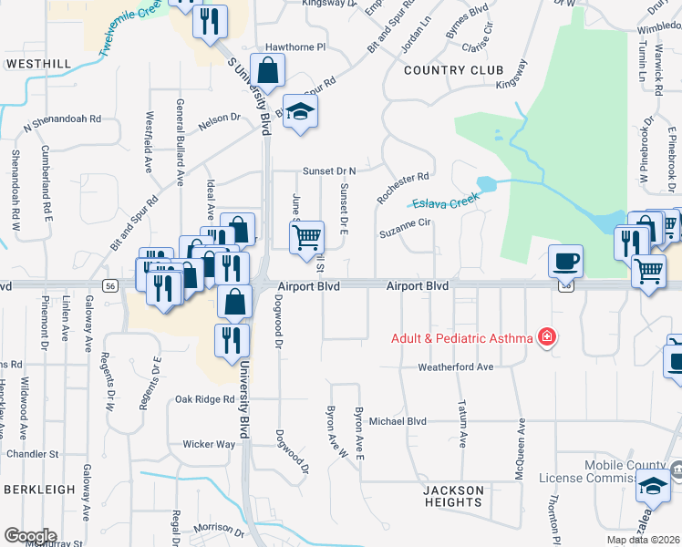 map of restaurants, bars, coffee shops, grocery stores, and more near 200 Rochester Place in Mobile