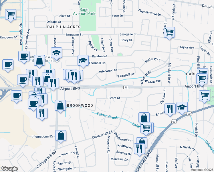 map of restaurants, bars, coffee shops, grocery stores, and more near 2862 Airport Boulevard in Mobile