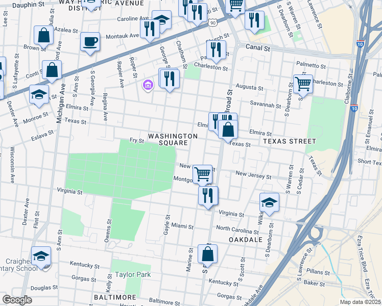 map of restaurants, bars, coffee shops, grocery stores, and more near 551 Charles Street in Mobile