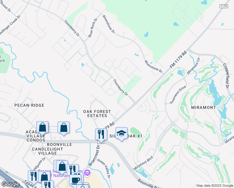 map of restaurants, bars, coffee shops, grocery stores, and more near 3405 Dovecote Way in Bryan
