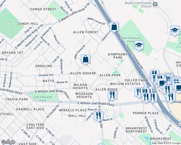 map of restaurants, bars, coffee shops, grocery stores, and more near 2404 Osborn Lane in Bryan