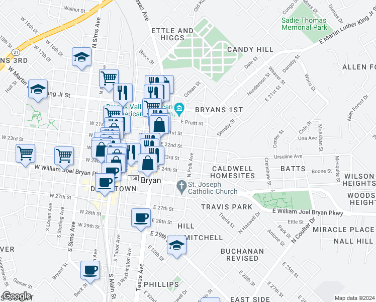 map of restaurants, bars, coffee shops, grocery stores, and more near 607 East 22nd Street in Bryan
