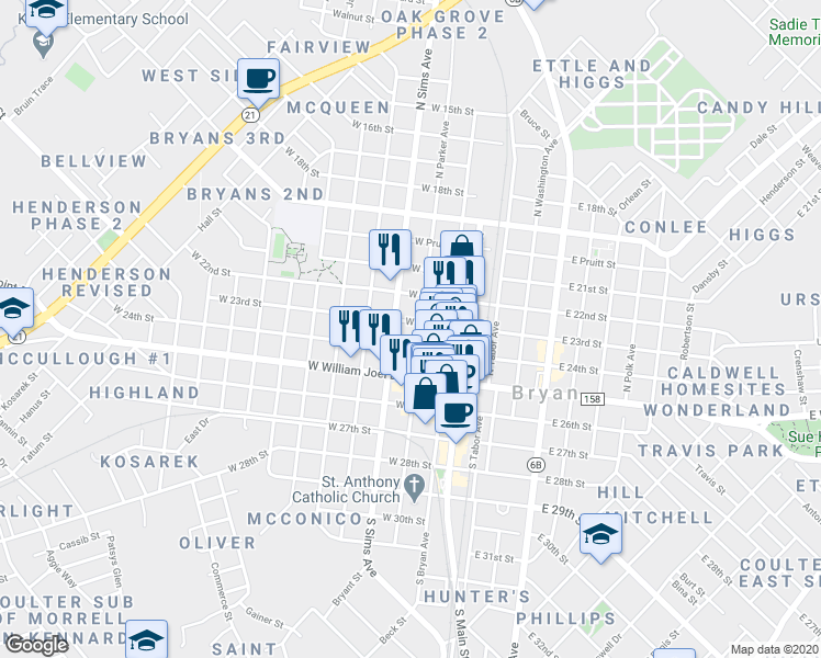 map of restaurants, bars, coffee shops, grocery stores, and more near 302 North Parker Avenue in Bryan