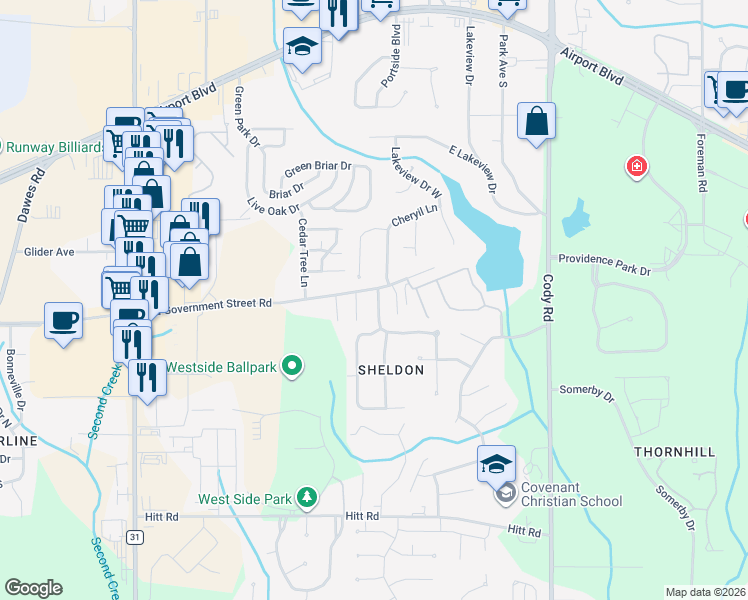 map of restaurants, bars, coffee shops, grocery stores, and more near 664 Willow Pointe Drive in Mobile