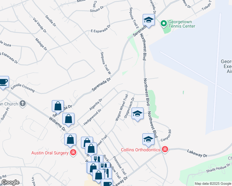 map of restaurants, bars, coffee shops, grocery stores, and more near 723 Hedgewood Drive in Georgetown