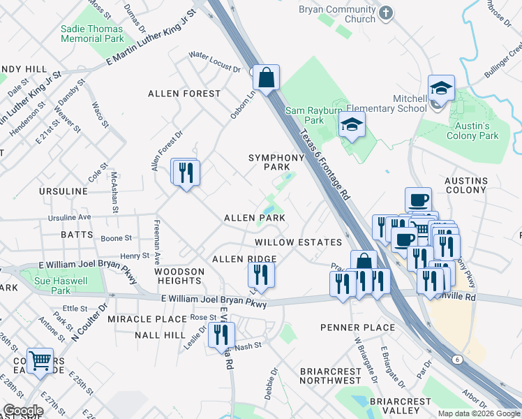 map of restaurants, bars, coffee shops, grocery stores, and more near 2806 Bexar Grass Dr in Bryan