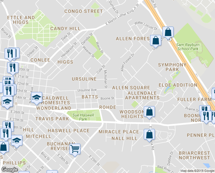 map of restaurants, bars, coffee shops, grocery stores, and more near 1600 Ursuline Avenue in Bryan