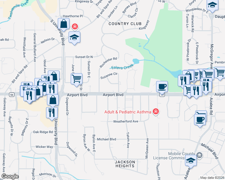 map of restaurants, bars, coffee shops, grocery stores, and more near 4452 Airport Boulevard in Mobile
