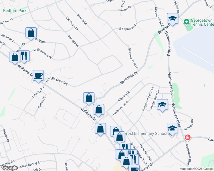 map of restaurants, bars, coffee shops, grocery stores, and more near 113 Serenada Drive in Georgetown
